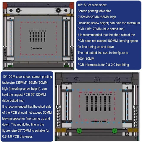 Manual Solder Paste Stencil Printer With Aluminum Alloy Frame showing screen printing table dimensions and PCB sizes.