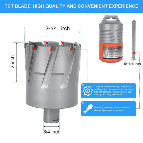 Premium HSS Annular Cutter 2-1/4 Inch Cut Diameter 3/4 Inch Weldon Shank Fits Magnetic Drill Press, TCT blade.