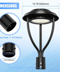 Diagram showing dimensions of 60W LED Post Top Light With Photocell, 15.75'' width, 24.8'' height, IP65 Waterproof, ETL Listed.