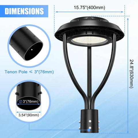 Diagram showing dimensions of 60W LED Post Top Light With Photocell, 15.75'' width, 24.8'' height, IP65 Waterproof, ETL Listed.