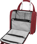 Open expandable underseat carry-on bag with 5-stage telescoping handle, tablet pocket, and multi-pocket organizer in red poly fabric.