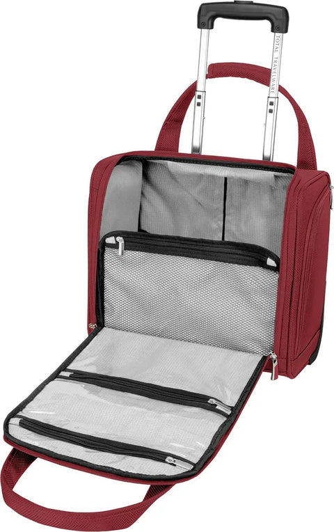 Open expandable underseat carry-on bag with 5-stage telescoping handle, tablet pocket, and multi-pocket organizer in red poly fabric.