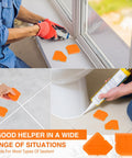 Two Piece Caulking Tool Set Silicone Sealant Tools For Kitchen And Bathroom Flooring Sealing Durable Flexible Plastic With More Than 10 Edges For Grout Tile And Corner Sealing With Easy Grip Handling For Smooth Application And Cleanup, shown in use on a window and tile