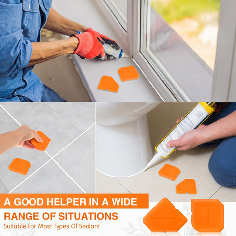Two Piece Caulking Tool Set Silicone Sealant Tools For Kitchen And Bathroom Flooring Sealing Durable Flexible Plastic With More Than 10 Edges For Grout Tile And Corner Sealing With Easy Grip Handling For Smooth Application And Cleanup, shown in use on a window and tile