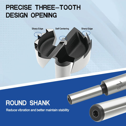 Close-up of Knockout Eight Piece Forstner Bit Set showing precise three-tooth design and round shank for stability.