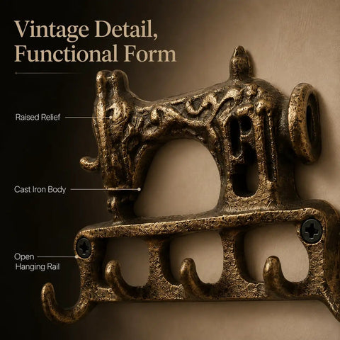 Slick Vintage Cast Iron Sewing Machine Wall Hook with raised relief details, 7.3in wide, open hanging rail for coats and keys.