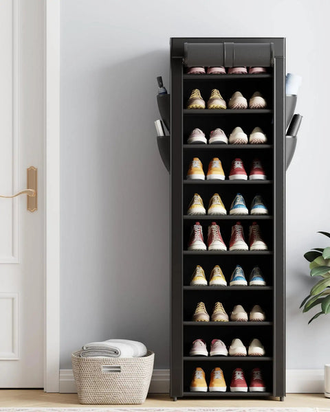 Heavy Duty 10 Tier Shoe Rack With Cover Saves Serious Floor Space In The Entryway Or Mudroom Adjustable Shelves Hold Up To Twenty Pairs displayed with sneakers in a sleek design.