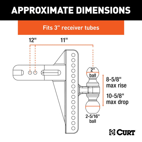 Diagram of Beefy Adjustable Channel Mount With Dual Ball For Trailer Hitches 3 Inch Shank Fits 3x3 Receiver, dimensions shown