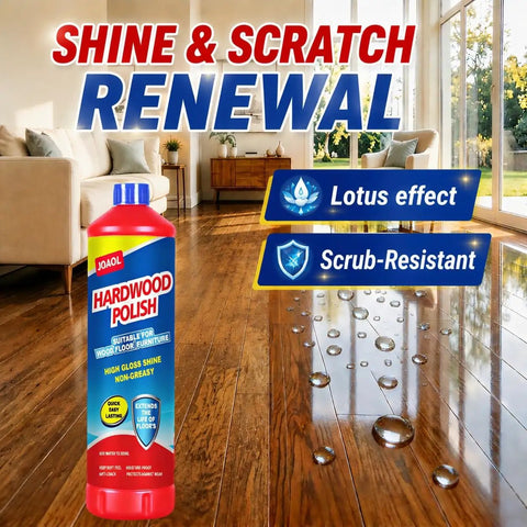 Top Shelf Wood Floor Restorer And High Gloss Polish For Fresh Slick Shine displayed on hardwood floor, showcasing shine and scrub-resistance.