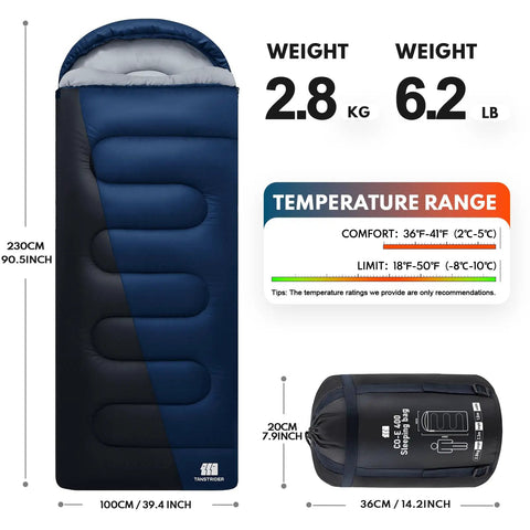 XXL Winter Sleeping Bag For Adults And Kids Ultra Warm Cozy All Season Camping Gear with Compression Sack, blue and black design