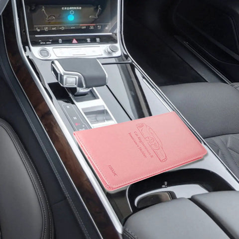 Premium Leather Car Document Wallet With Clear Window Pockets For Registration Insurance And Id Cards Nifty Glove Box Stash on car console.