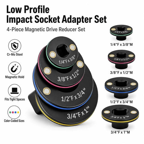 Mewach Low Profile Impact Socket Adapter Set That Is Super Rad For Tough Jobs With Magnetic Grip And Cr-V Build, Perfect 4-Piece Kit For Tight Engine Bays And Wheel Wells To Get The Job Done Fast Without Breaking A Sweat. 4-piece Cr-Mo magnetic low-profile drive reducer set