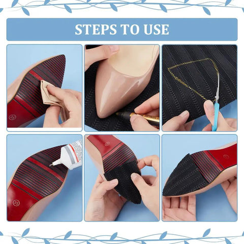 Steps to use Two 15x11 Inch Rubber Shoe Soles Repair Sheets, 2.5mm thick, black non slip bottom material for high heels, leather shoes, and sports shoes.