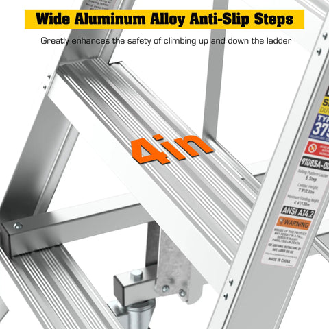 Top Shelf Heavy Duty Aluminum Rolling Platform Ladder With Smooth Glide Casters And Reinforced Safety Rails 375 Lb Capacity wide aluminum alloy anti-slip steps