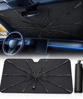 Upgraded Windshield Sun Shade Umbrella For Car With Reinforced Frame And UV Block Heat Shield installed in a car interior.