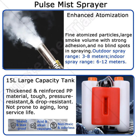 Disinfection Fogger And Atomizer Machine With Dual Pipe Water Cooling close-up showing mist output and 15L tank capacity