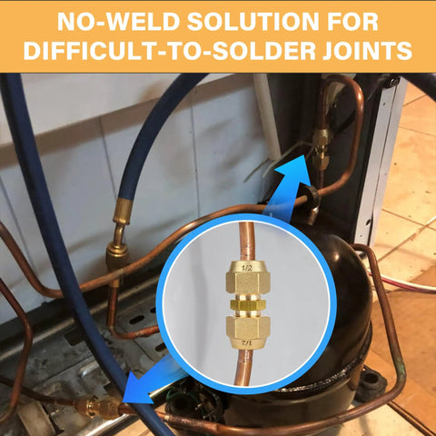 4 Pack Copper Pipe Extension Joint Connectors For HVAC AC One Quarter Inch And Three Eighth Inch Coupling Adapters shown installed