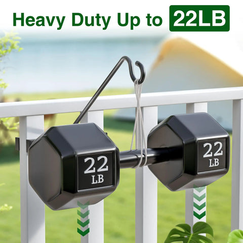 Heavy Duty Deck Hook Railing Bird Feeder Hanger With Rustproof Coating For Flower Baskets And Outdoor Patio Decor Built Like A Tank With Zero Drill Install Holds Twenty Two Pounds No Sweat Setup, featuring weights on a railing.