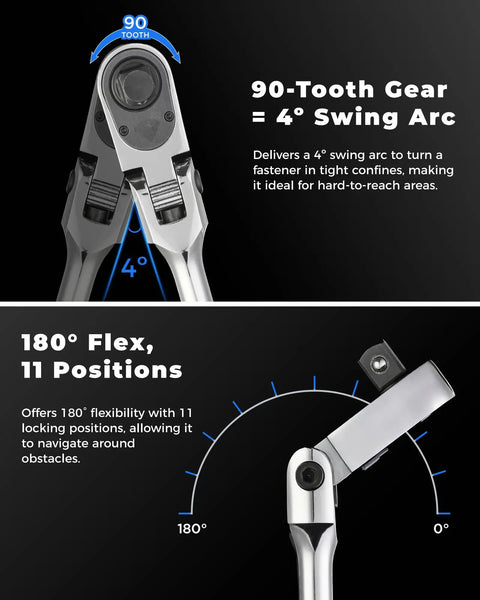 Flexible Head Ratchet Set With One Quarter Inch, Three Eighths Inch, And One Half Inch Drives, Ninety Tooth Gear, 180 Degree Flex shown