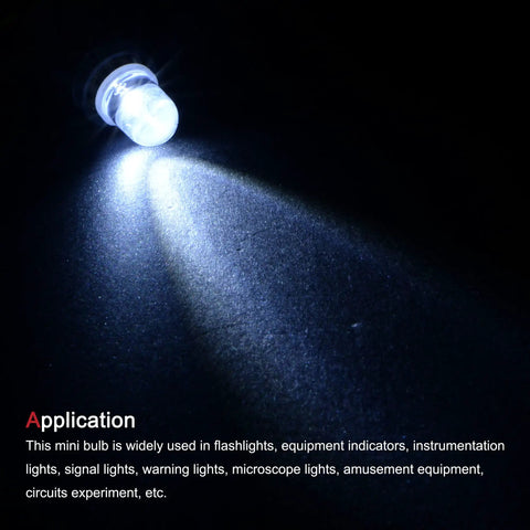Built Tough E10 Screw Base Led Bulb 12 Vdc 0.25 Watt White Round Top Mini Lamp shining light on a dark surface.