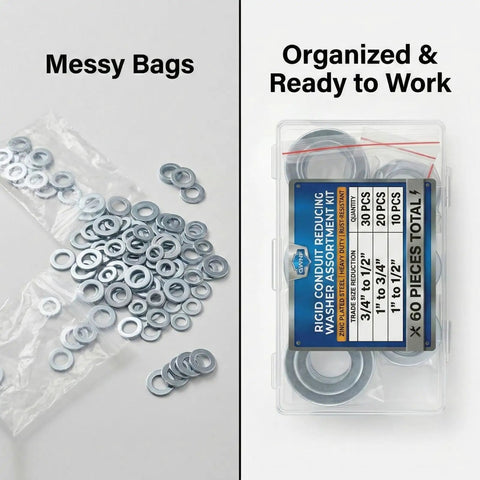 60 Piece Rigid Conduit Reducing Washer Kit Three Quarters To Half Inch One Inch To Three Quarters Inch And One Inch To Half Inch Zinc Plated Steel Knockout Reducers For Electrical Outlet Boxes Must Have Pro Grade Electrical Hardware showing messy bags and organized storage box