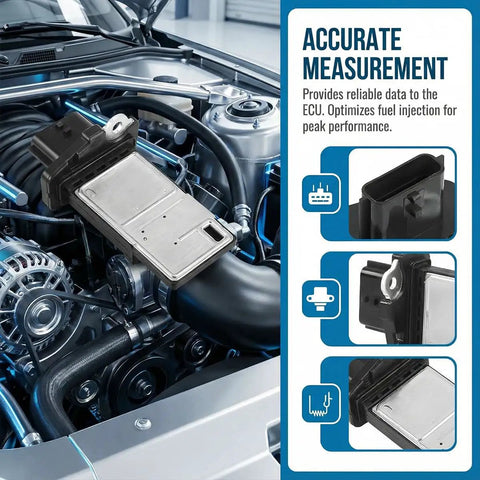 Mass Air Flow Meter Sensor For Cars Plug And Play Replacement, MAF Sensor With Aluminum And Plastic Housing, OEM 22680-7S000 22680-7S00A, Boost Throttle Response, Idle Stability, And Fuel Economy, Durable Engine Performance Part installed in engine bay