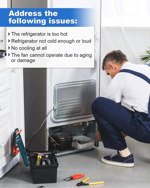 Technician installing Direct Fit Refrigerator Condenser Fan Motor Assembly Replacement For LG and Kenmore models.