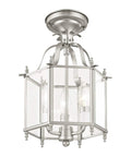 Three Light Brushed Nickel Hanging Lantern Or Flush Mount Chandelier With Clear Beveled Glass Traditional Steel Fixture
