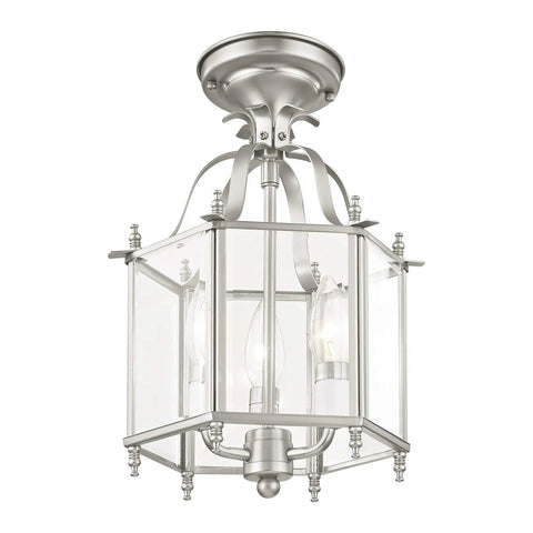 Three Light Brushed Nickel Hanging Lantern Or Flush Mount Chandelier With Clear Beveled Glass Traditional Steel Fixture