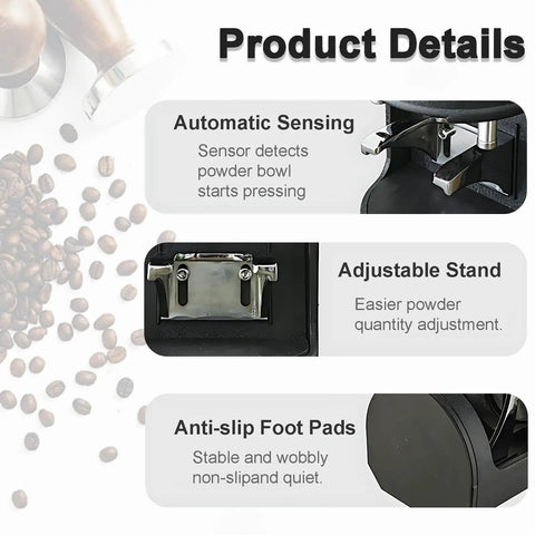 Product details of Automatic Coffee Tamper Machine with constant pressure and adjustable timing for perfect espresso shots.