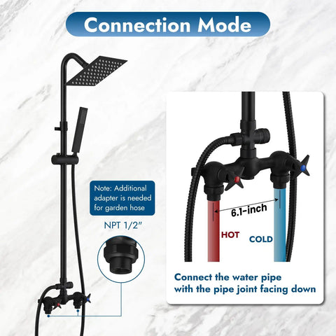 Wall Mounted Outdoor Shower System With Matte Black Finish Featuring A 6 Inch Square Rainfall Shower Head, connection setup view