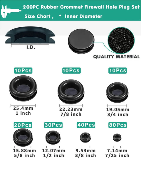Rubber Grommet Kit 200 Pack With 7 Sizes For Firewall Holes And Cable Management Automotive Home Improvement Cord Pipe And Wire Organization Weather Resistant Flexible Grommets Ideal For Automotive Wiring And Household Electrical Installations, size and quantity chart