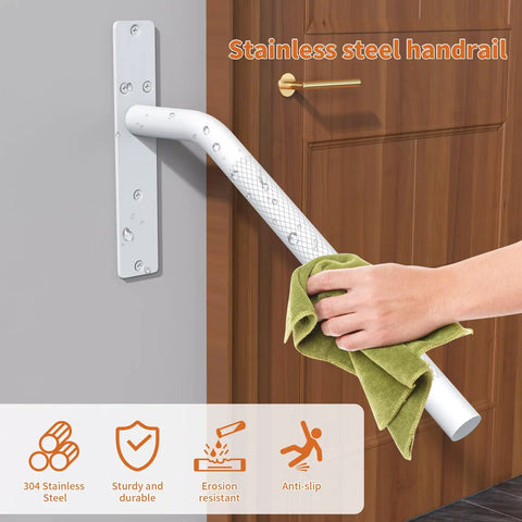 Slick 16 Inch Matte White Stair Handrail Rock Solid Anti Slip Knurled Grip Outdoor Porch Railing Fits One To Three Steps Heavy Duty Stainless Steel Design No Sweat Install mounted beside a door.