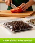 Premium Vacuum Sealer Bags 6 Pack With 3 Rolls 11x20 And 3 Rolls 8x20 BPA Free shown with coffee beans inside, close-up