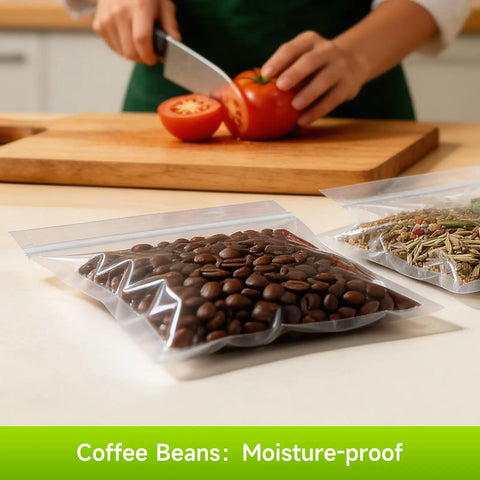 Premium Vacuum Sealer Bags 6 Pack With 3 Rolls 11x20 And 3 Rolls 8x20 BPA Free shown with coffee beans inside, close-up