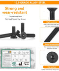 All Purpose Hex Socket Countersunk Screw Set Kit With Nuts, Washers And Allen Wrench - Heavy-Duty Pro Grade Carbon Steel M3, M4, M5, M6, M8 Hardware Assortment For Electronics And Furniture Repairs, Black screws shown with packaging and specifications.