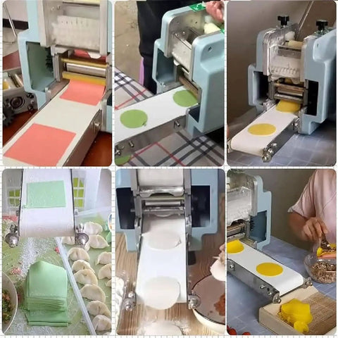 Heavy Duty Electric Dumpling Skin Maker That Slams Out Perfect Round Wonton Wrappers In Record Time Without Breaking A Sweat For Busy Commercial Restaurants Or Compact Home Countertops: Close-up of dough being processed.