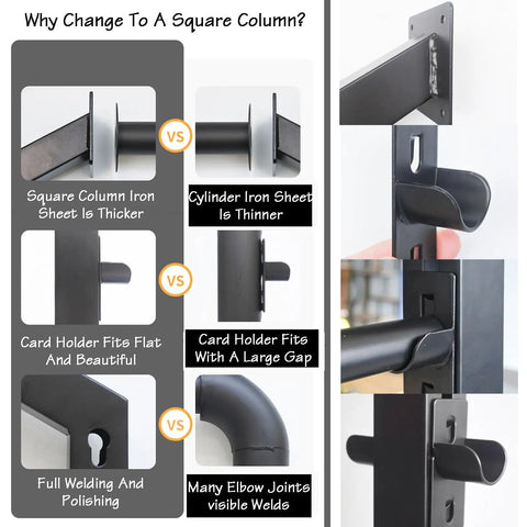 Comparison of square column vs. cylinder iron sheet for the Heavy Duty Wall Mount Fabric Roll Storage Rack With Quick Snap Crossbars.