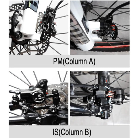 Hella Smooth Hydraulic Disc Brake Kit For Ebikes And Mountain Bikes With Top Shelf Aluminum Build Badass Piston Power Off System Fits 160 Mm Rotors Black Finish close-up of PM and IS column calipers.
