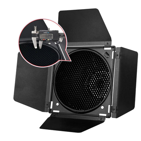 Heavy Hitter Seven Inch Barn Door Lighting Kit With Adjustable Honeycomb Grid, showing detailed grid close-up and measurement.