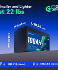 12V 100Ah Bluetooth LiFePO4 Battery For Deep Cycle Power Built To Last Ready To Roll For RVs Trolling Motors Yachts And Solar Setups Ultra Lightweight And Compact With 15,000 Charging Cycles displayed with dimensions