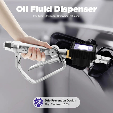 Heavy Duty Digital Oil Control Valve Meter Nozzle Pneumatic Flow Gun With Cozy Grip Handle Energy Efficient Smart Hibernation Mode For Shop Pros in use with a hand holding it.