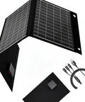 Foldable 28W Solar Charger with Dual USB Outputs for camping, hiking, and travel showing panel and accessories.