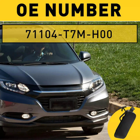 Honda HR-V Front Bumper Tow Hook Cover Cap 2019 2021 ABS Plastic Replacement Eye Cap shown on vehicle, OE 71104-T7M-H00