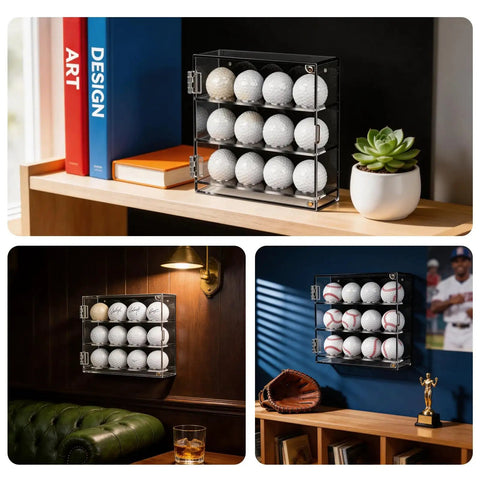 12 Slot Wall Mounted Acrylic Display Case For Baseballs And Golf Balls, Magnetic Front Door, in home and office settings