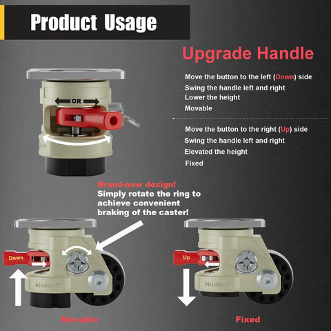Heavy Duty Leveling Casters With Brakes, 2 Inch Swivel Rolling Wheels Set Of 4, usage guide showing adjustable handle.