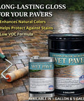 Heavy Duty Wet Look Paver Sealer For Concrete And Brick Blocks Rain UV Damage Locking Joint Sand With Waterproof Sealant, shown in 1 gallon and 5 gallon containers.