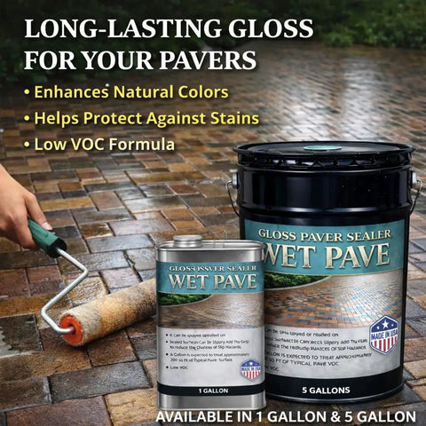 Heavy Duty Wet Look Paver Sealer For Concrete And Brick Blocks Rain UV Damage Locking Joint Sand With Waterproof Sealant, shown in 1 gallon and 5 gallon containers.