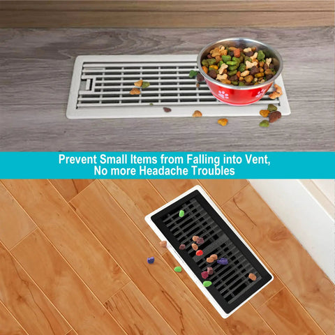 Magnetic Floor Vent Covers 4x10 Inch Mesh PVC Frame Black showing debris prevention on wall and floor vents.