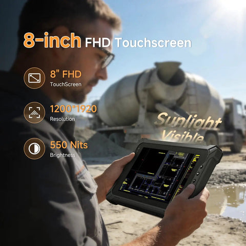 Beefed Up Eight Inch Rugged Tablet Running Windows 11 Pro With Honeywell N4680 Scanner For Quick 1D And 2D QR Code Swiping In Warehouses Or Retail Shops Packing EightGb Ram Plus 128Gb Storage Inside An Ip65 Drop Resistant Shell, showing 8-inch FHD touchscreen outdoors.